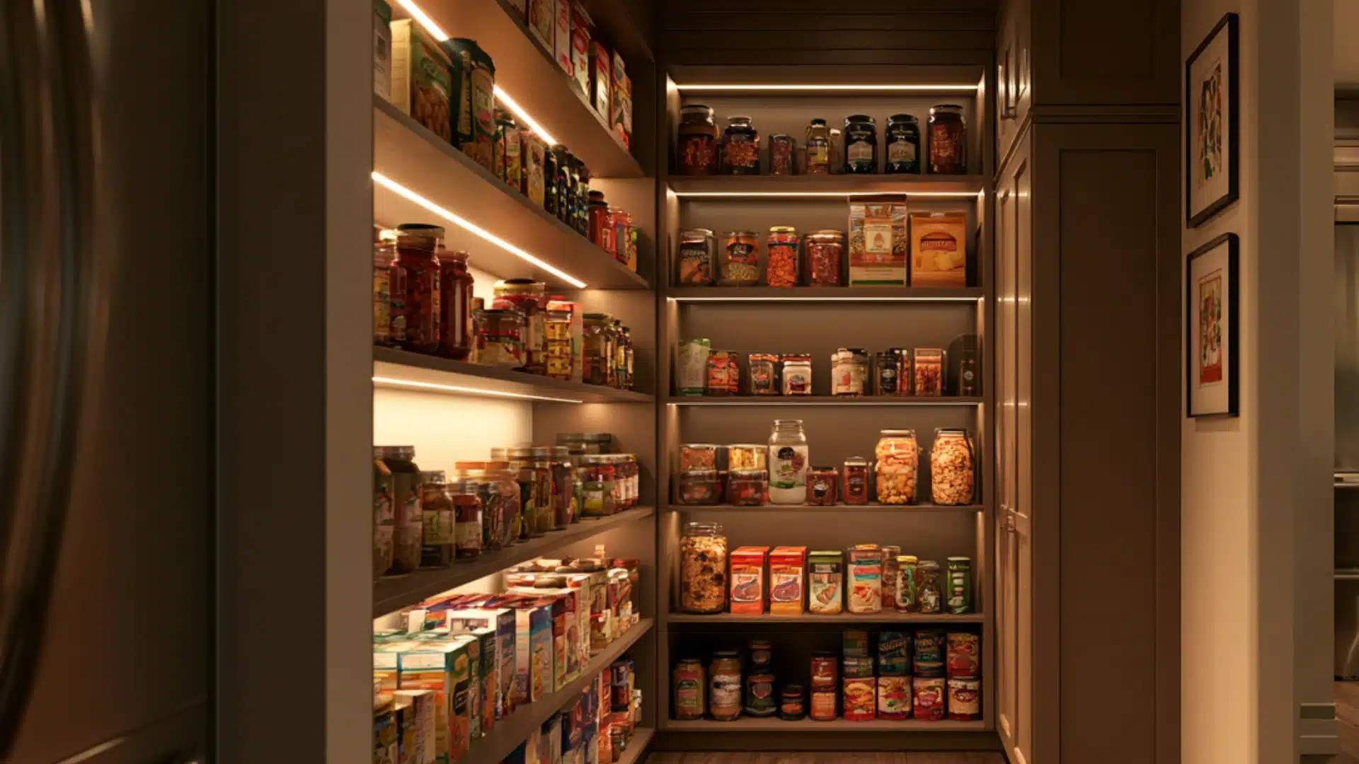Walk in pantry with warm shelf lighting jars boxes canned foods and neatly arranged everyday kitchen pantry supplies