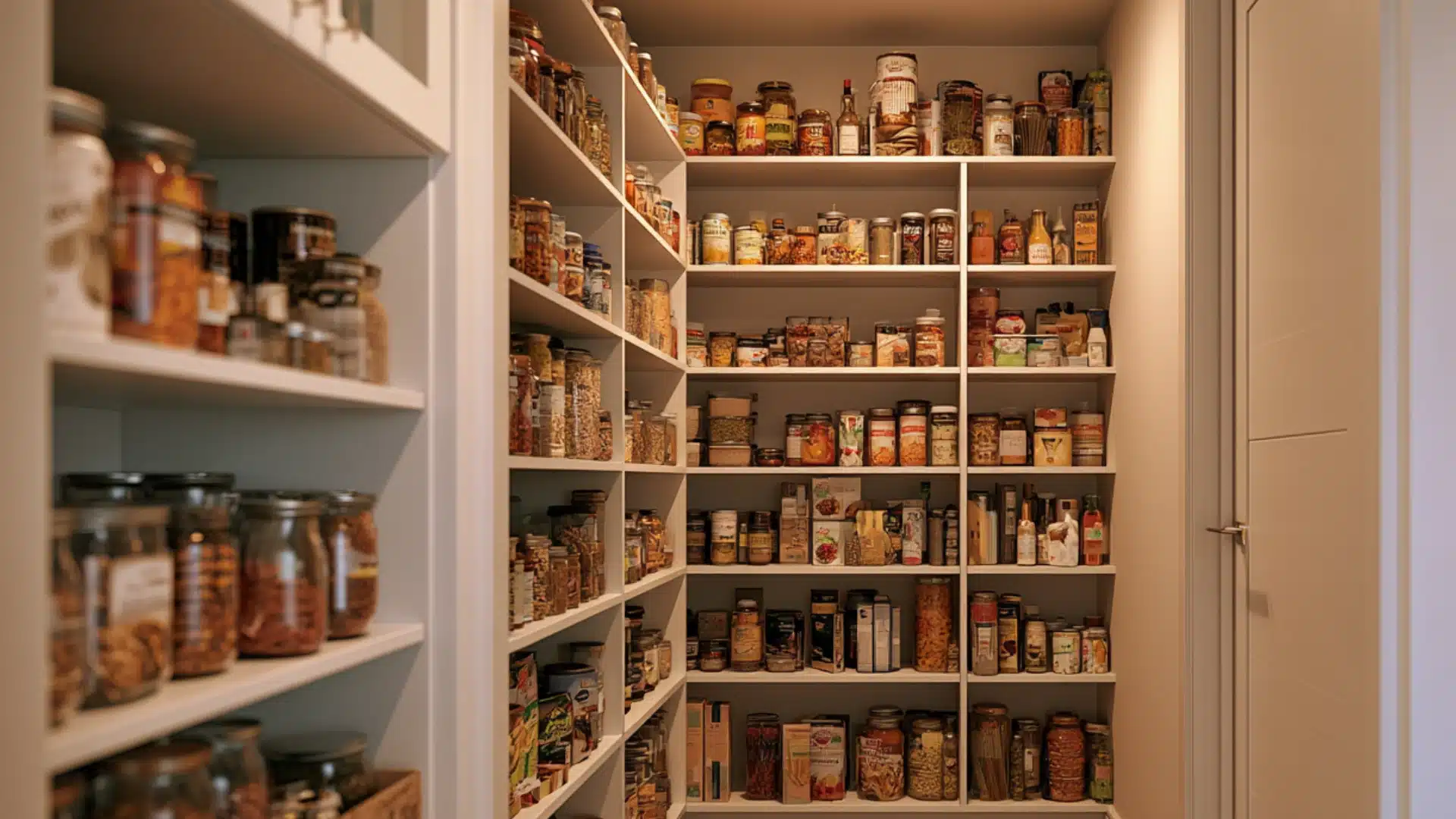 Walk in pantry with white shelving filled with jars boxes canned goods and neatly arranged everyday food supplies