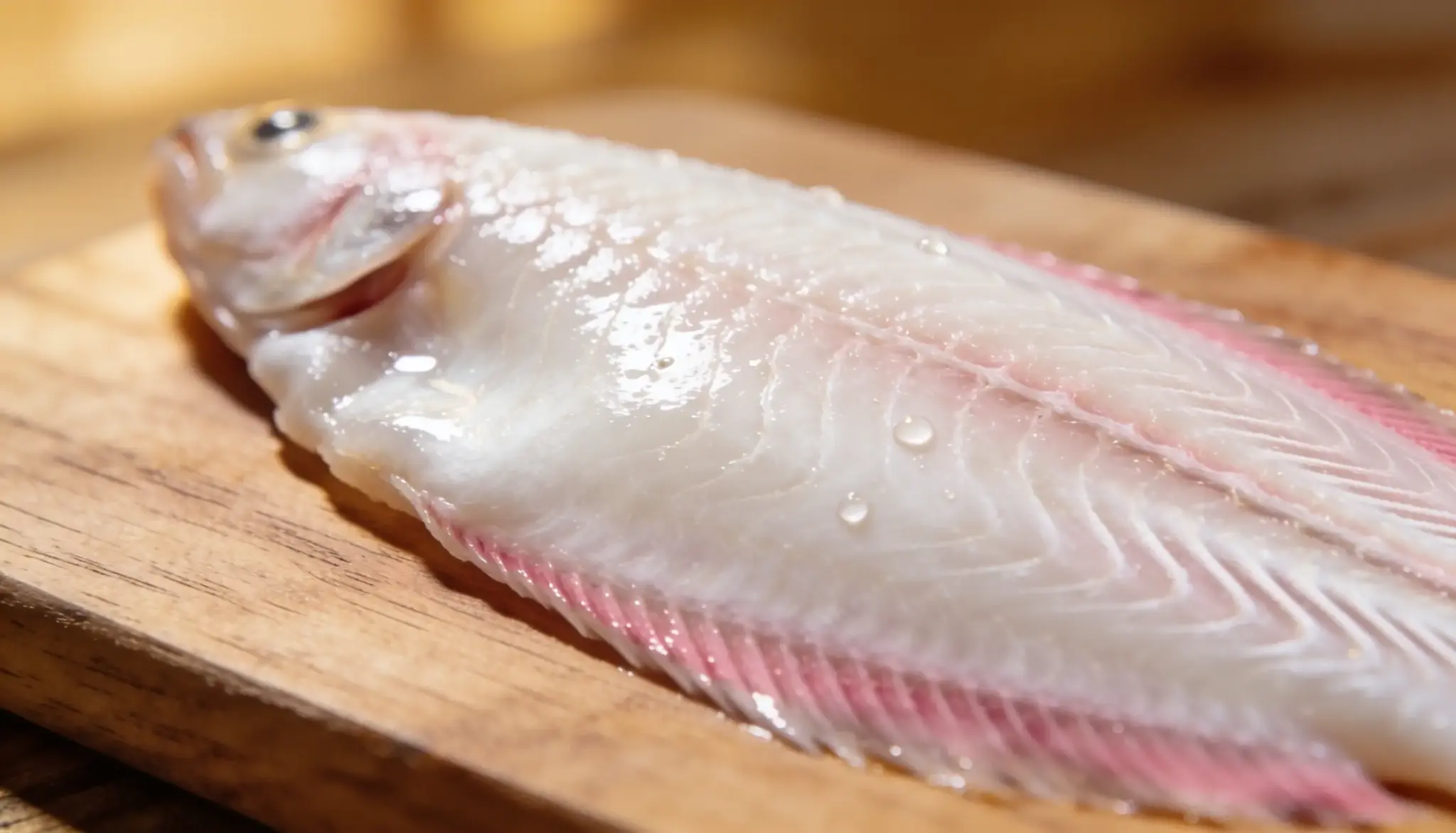 A fresh and raw sole fish with pink fins rests on a wooden cutting board.