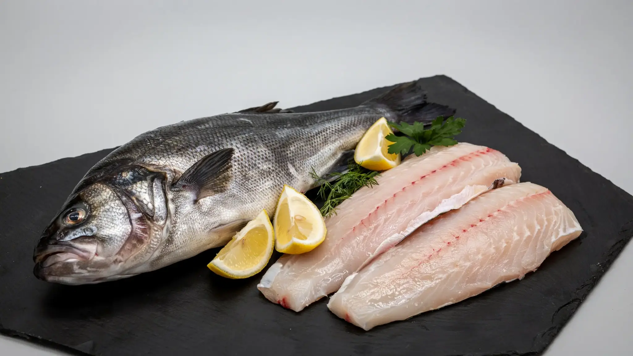 A black slate board presenting Chilean sea bass, complemented by fresh slices of lemon for decoration.