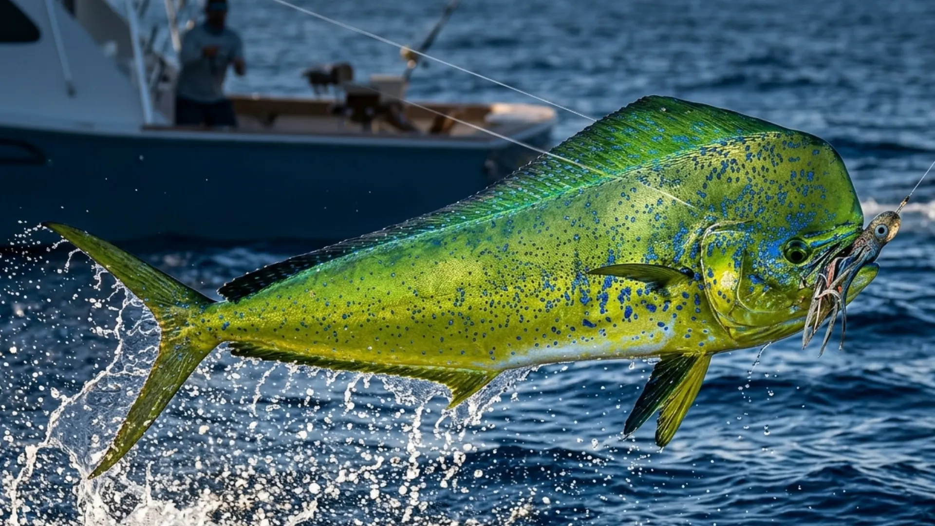 A large green fish hangs from a fishing line, highlighting its impressive dimensions and vivid coloration.