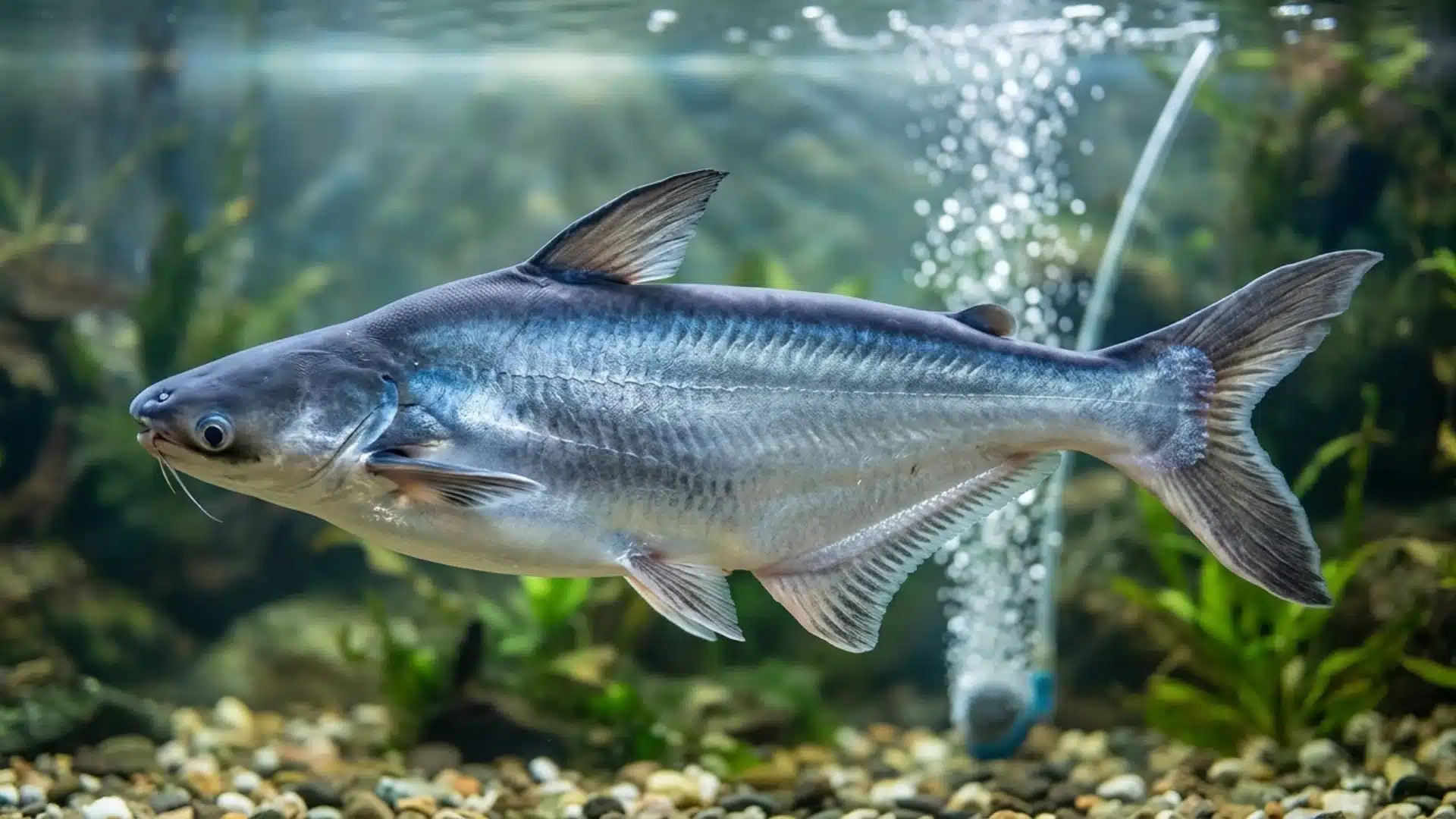 A basa fish in a well-maintained aquarium, surrounded by clear water and decorative plants.