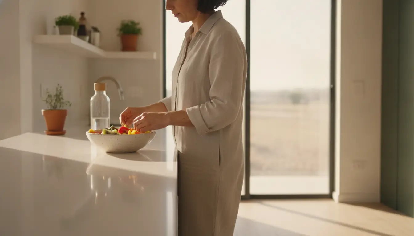 Woman preparing a bowl of fresh vegetables in a sunlit modern kitchen