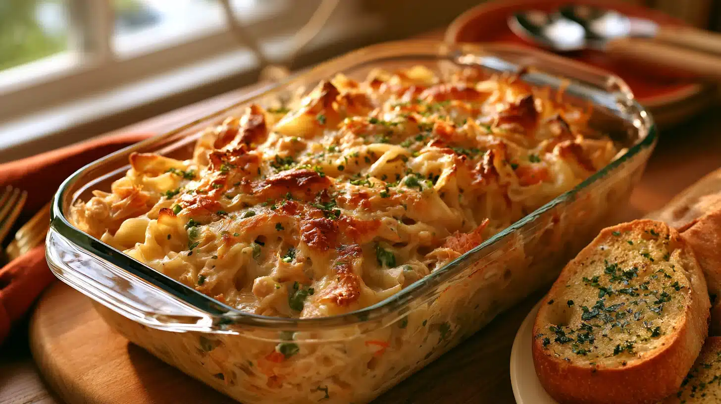 Creamy tuna noodle casserole baked until golden served with warm garlic bread on a cozy wooden dining table