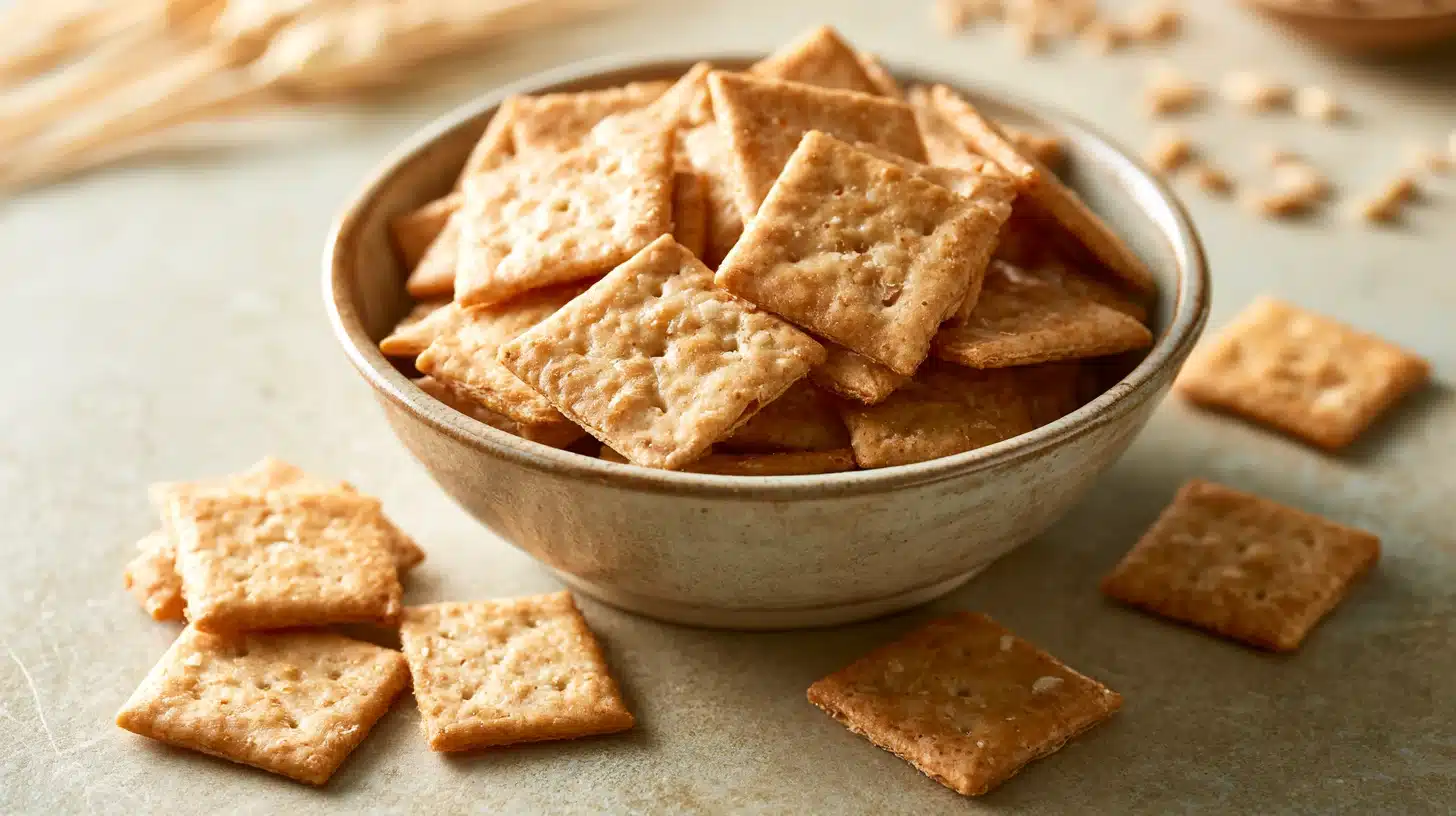 A bowl of crackers arranged on a table showcasing different shapes and textures