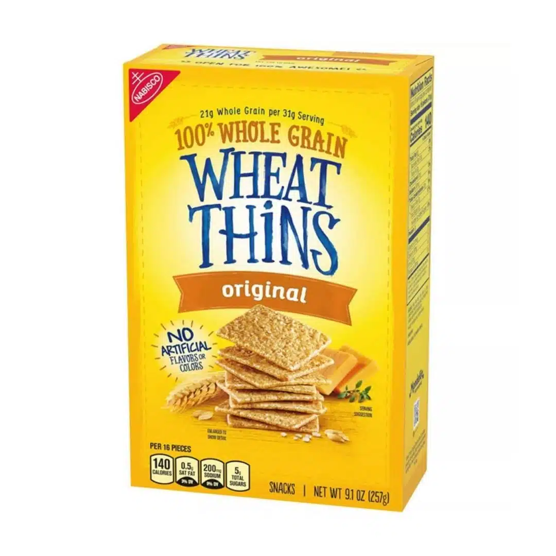 Box of Nabisco 100% Whole Grain Wheat Thins original crackers.
