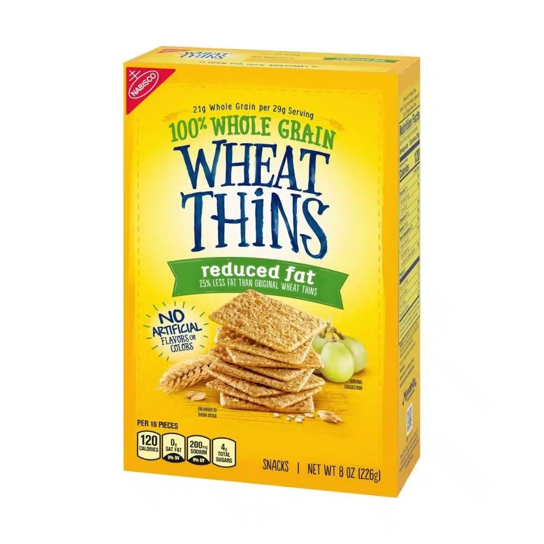 Wheat Thins Reduced Fat nutrition label, 100% whole grain crackers with 25% less fat