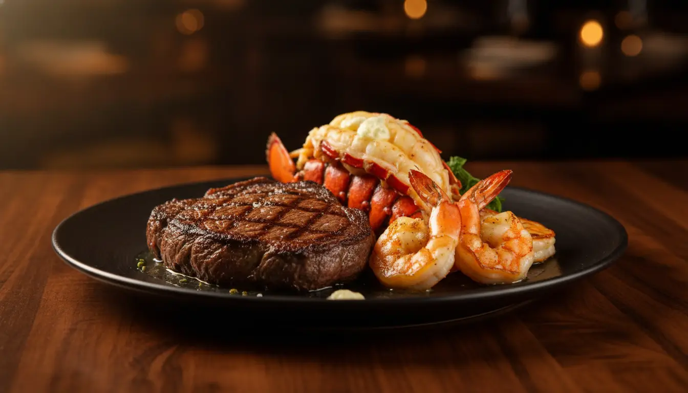 Grilled steak, lobster tail, and shrimp elegantly arranged on a black plate in warm lighting.