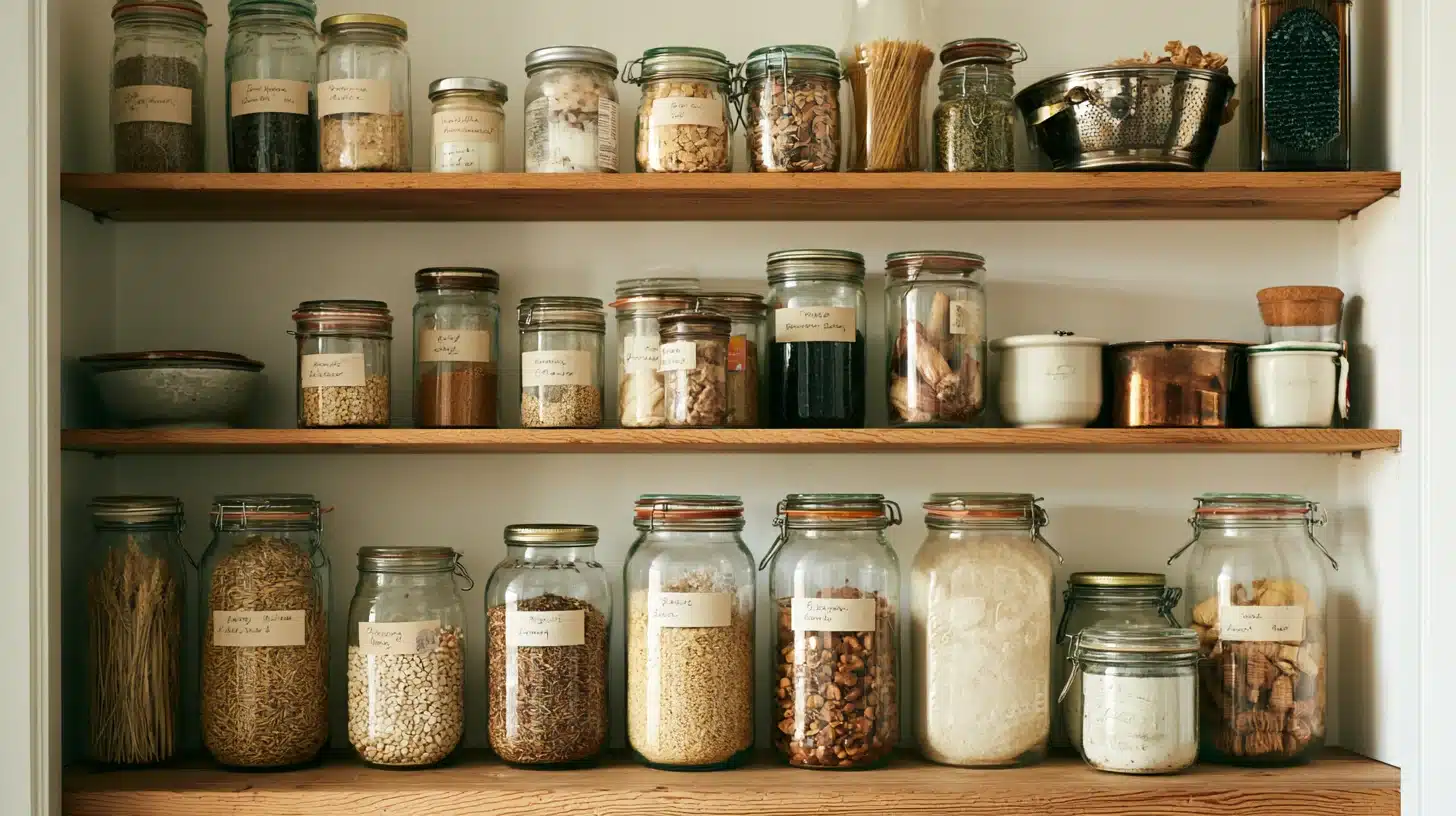 Wooden pantry shelves with labeled glass jars of grains flour pasta nuts and dry foods arranged in simple rows
