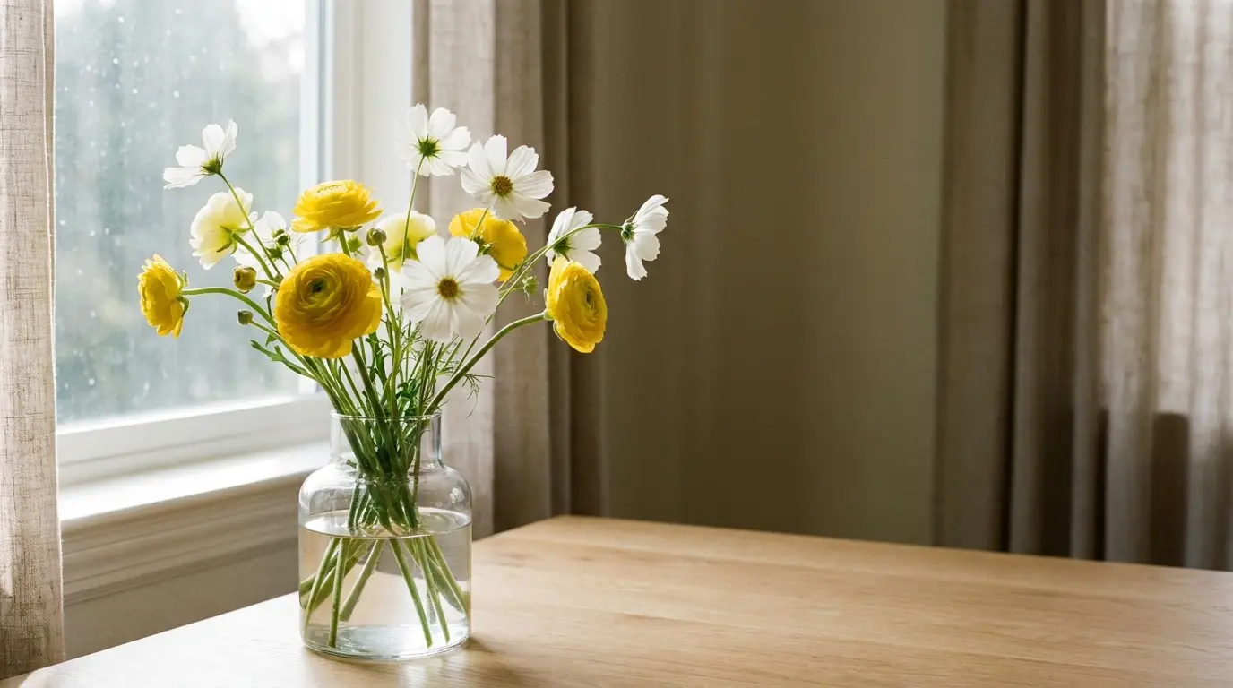 Vase with yellow and white flowers on wooden table near window in softly lit room