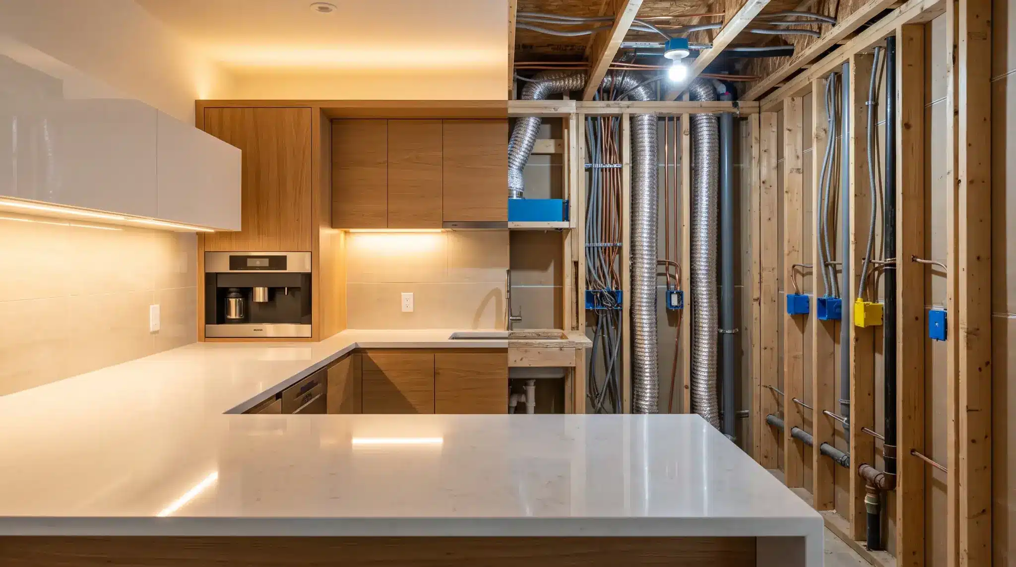 Half-finished kitchen renovation showing marble countertops and exposed pipes in progress