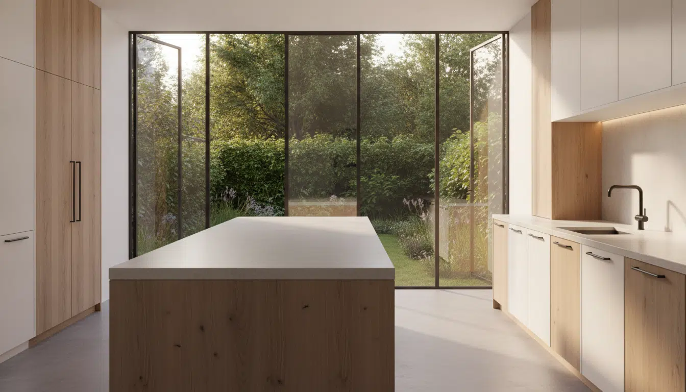 Modern kitchen with large wooden island and floor-to-ceiling glass doors overlooking garden