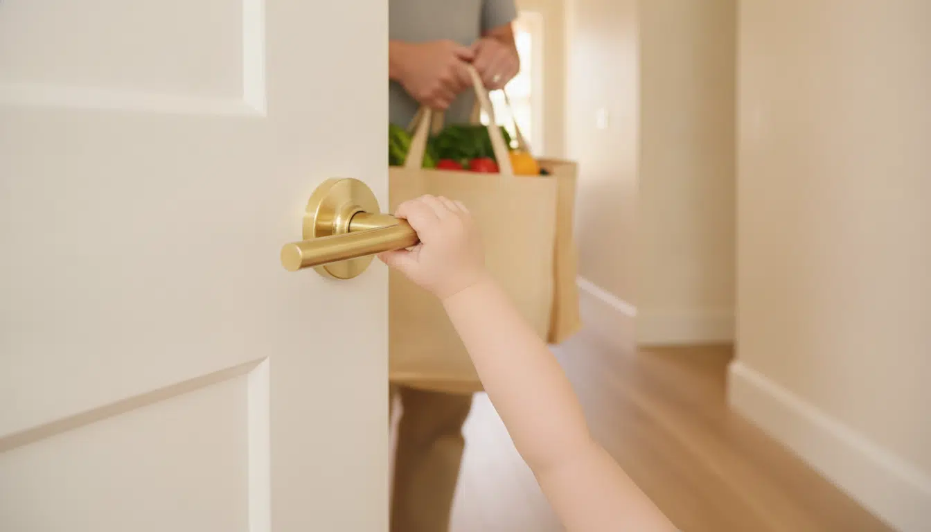 Child's hand turning golden doorknob with person holding grocery bags in bright hallway