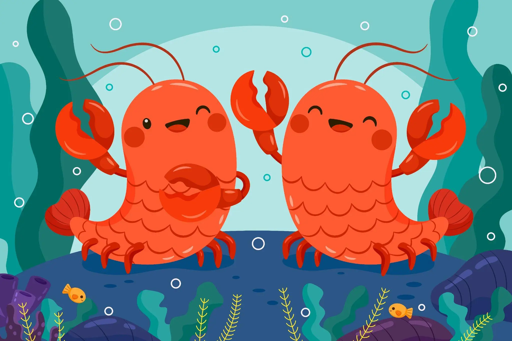 Cartoon lobsters with smiling faces underwater surrounded by seaweed and bubbles