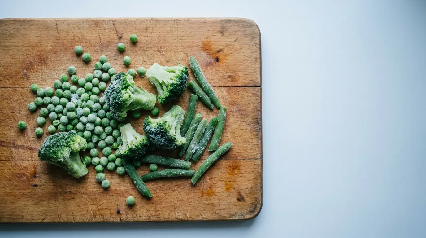 Frozen broccoli, peas, and green beans on wooden cutting board in natural light