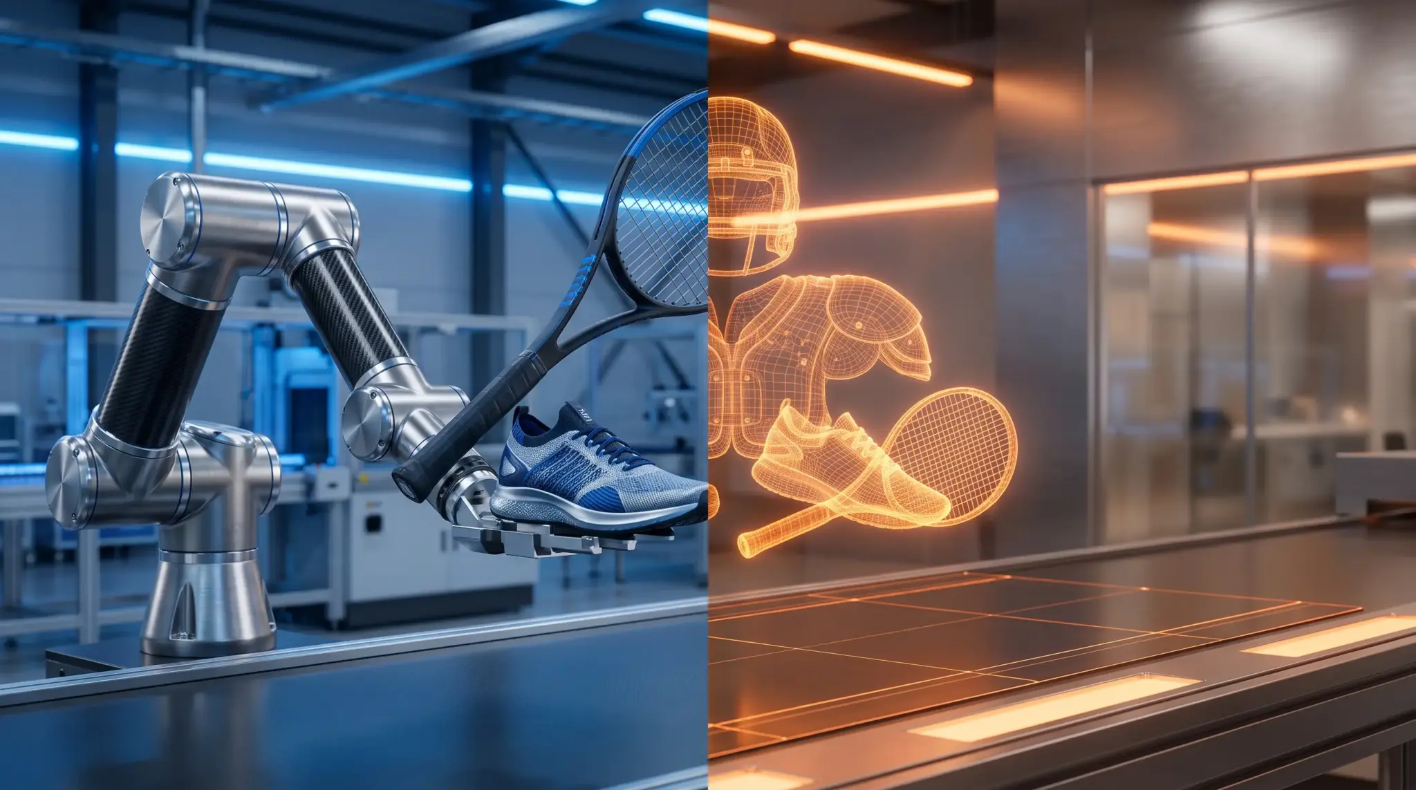 Robotic arm holding sneaker and tennis racket in high-tech industrial setting with digital holograms