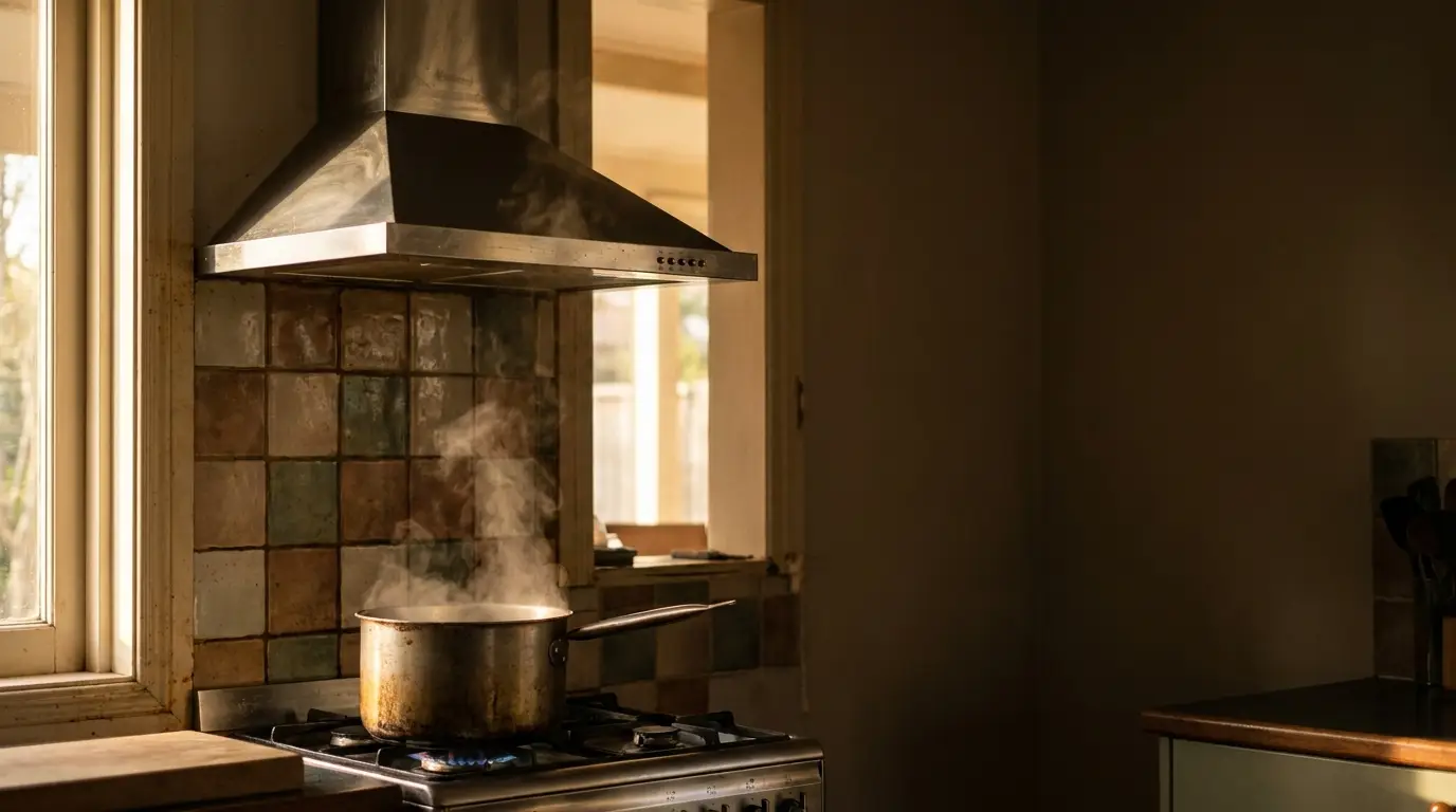 Pot simmering on gas stove with steam rising in a softly lit kitchen