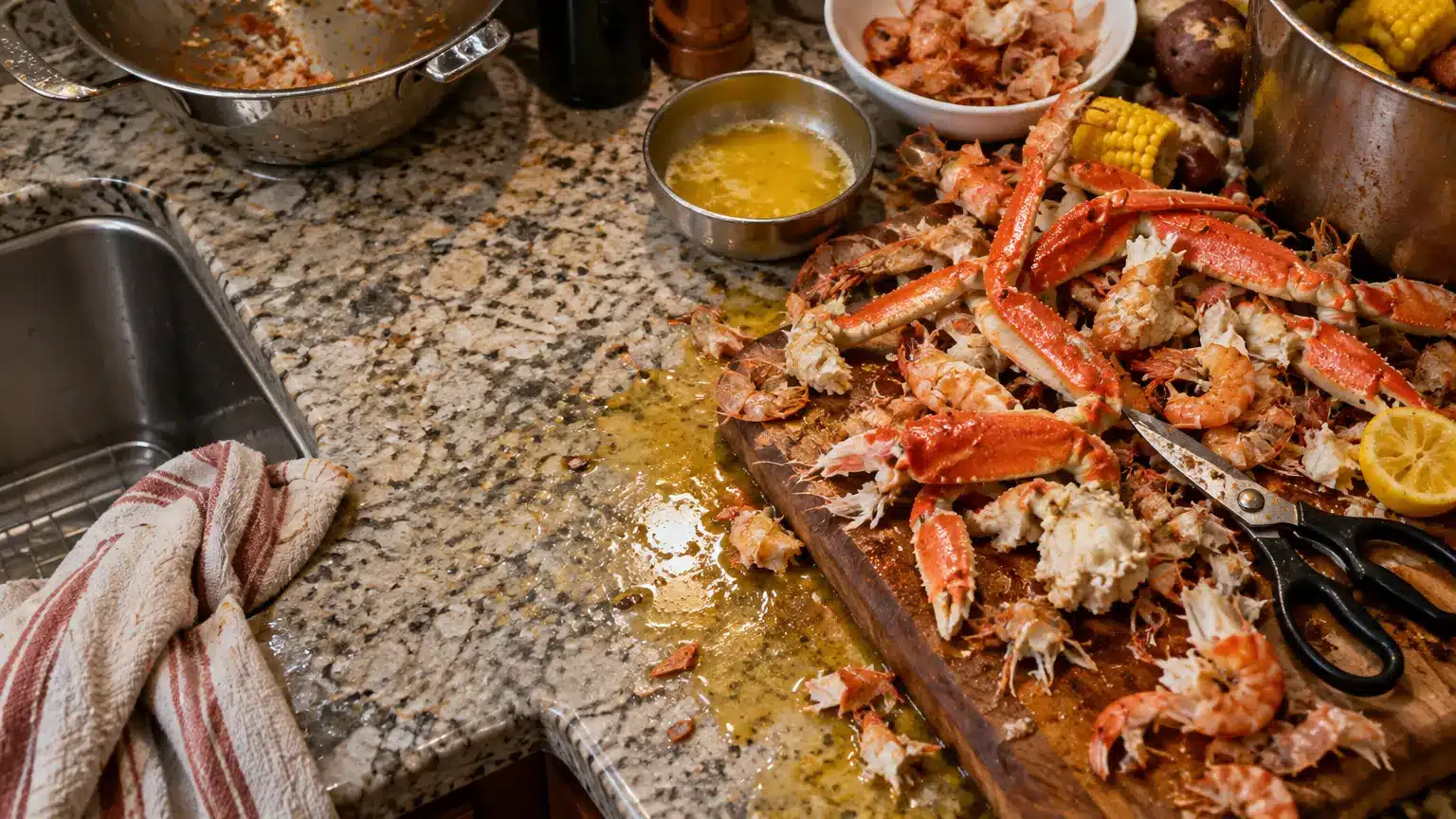 Seafood remnants and cracked crab legs on granite countertop in messy kitchen setting