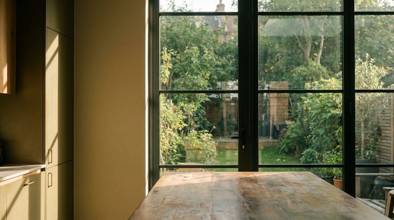 Sunlit kitchen with wooden table and cabinets overlooking lush green garden through glass doors