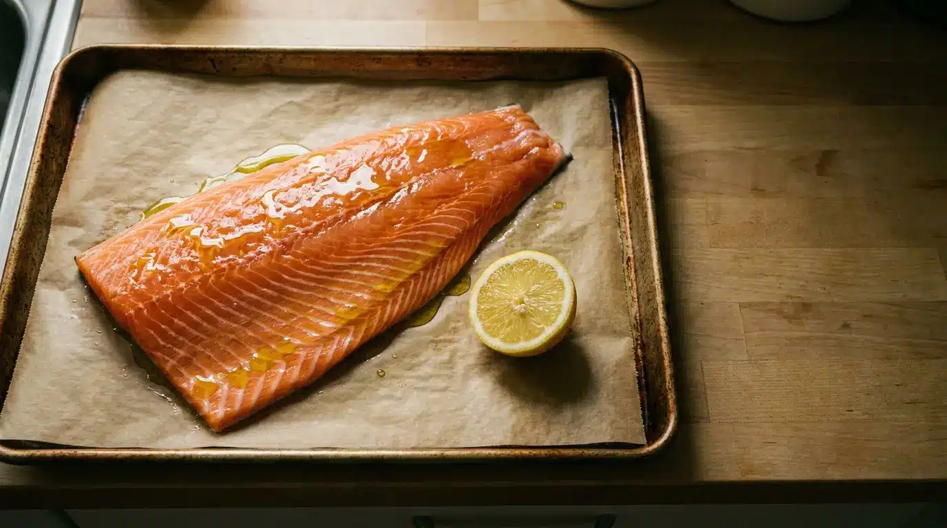 Salmon fillet with olive oil and lemon on parchment-lined baking sheet