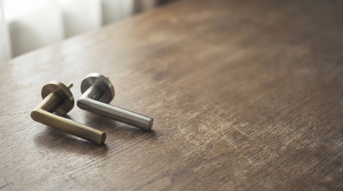 Two metallic door handles resting on a wooden surface in soft natural light