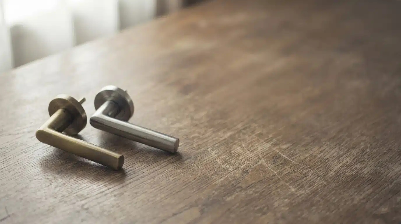 Two metallic door handles resting on a wooden surface in soft natural light