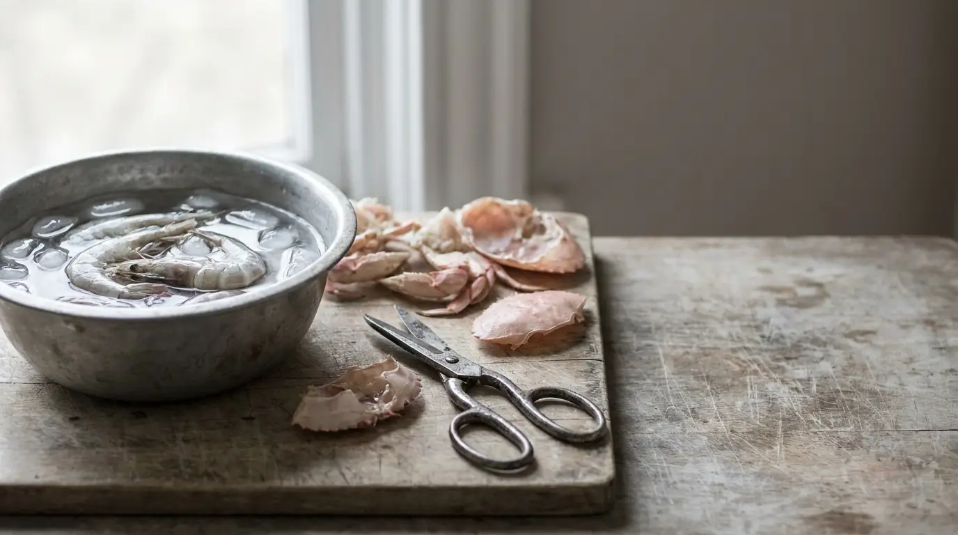 Bowl of ice water with shrimp beside crab shells and scissors on wooden surface