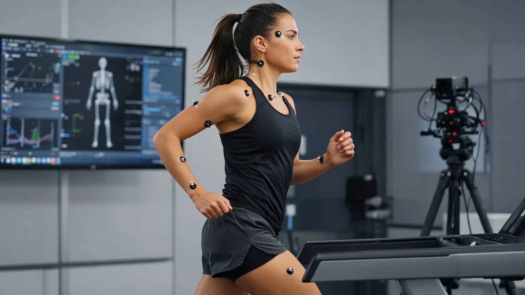 Woman running on treadmill wearing motion capture sensors in high-tech laboratory