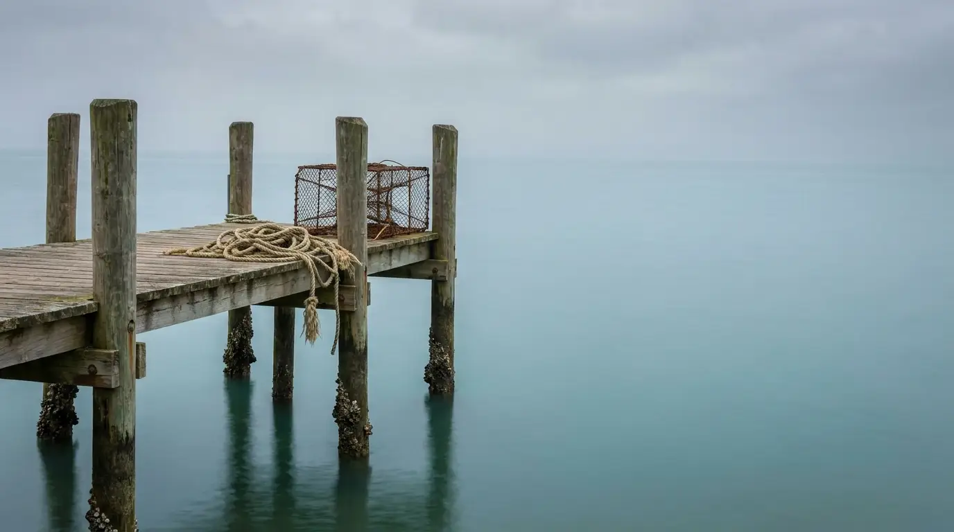 Wooden pier with rope and lobster trap over calm ocean under cloudy sky