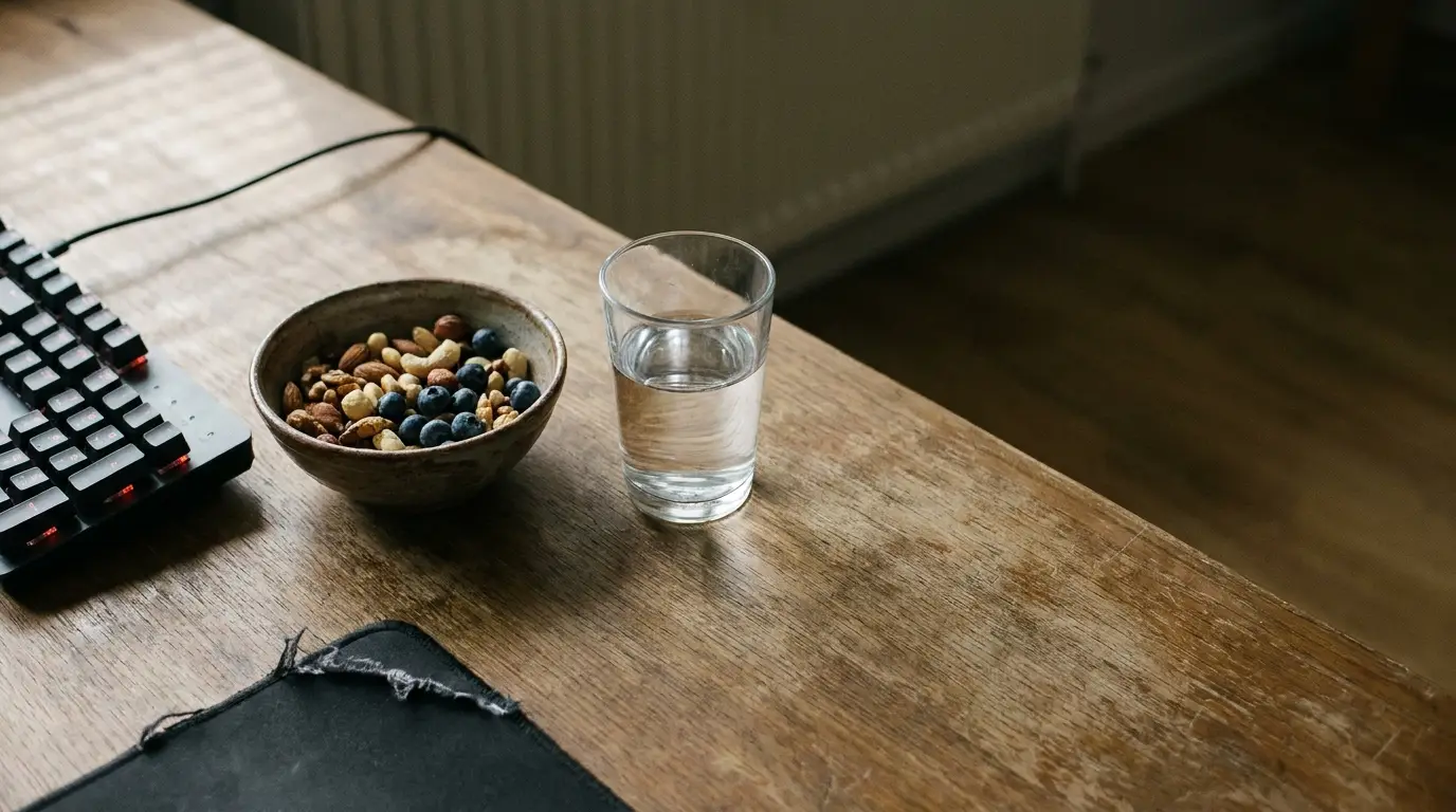 Bowl of mixed nuts and blueberries beside glass of water on wooden desk with keyboard