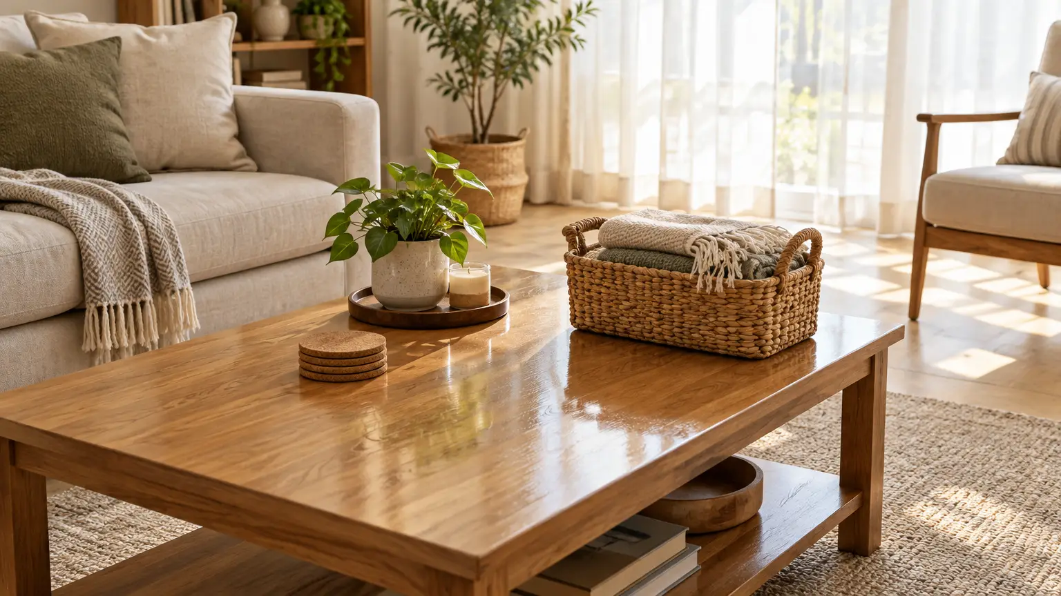 Wooden coffee table with plant and woven basket in sunlit living room with neutral decor