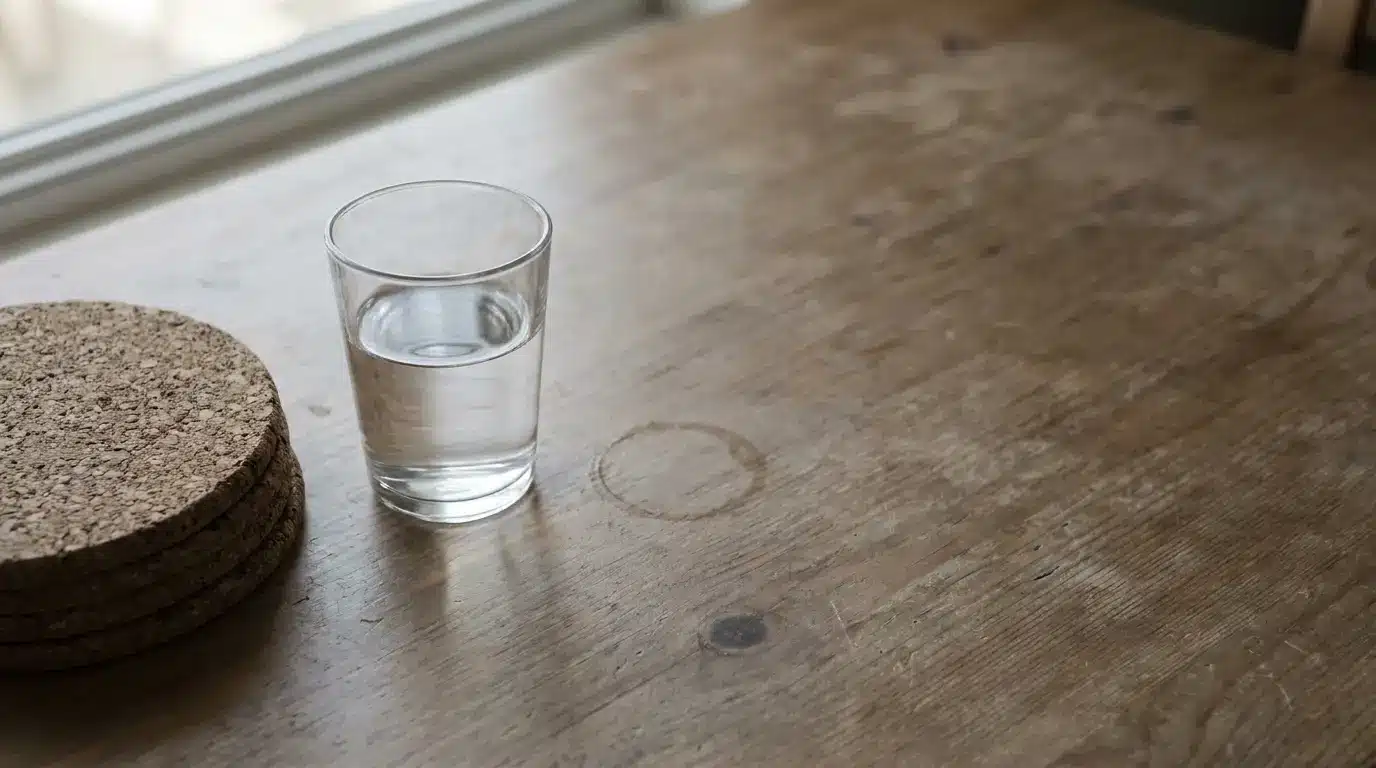 Glass of water and cork coasters on wooden table near window in soft lighting
