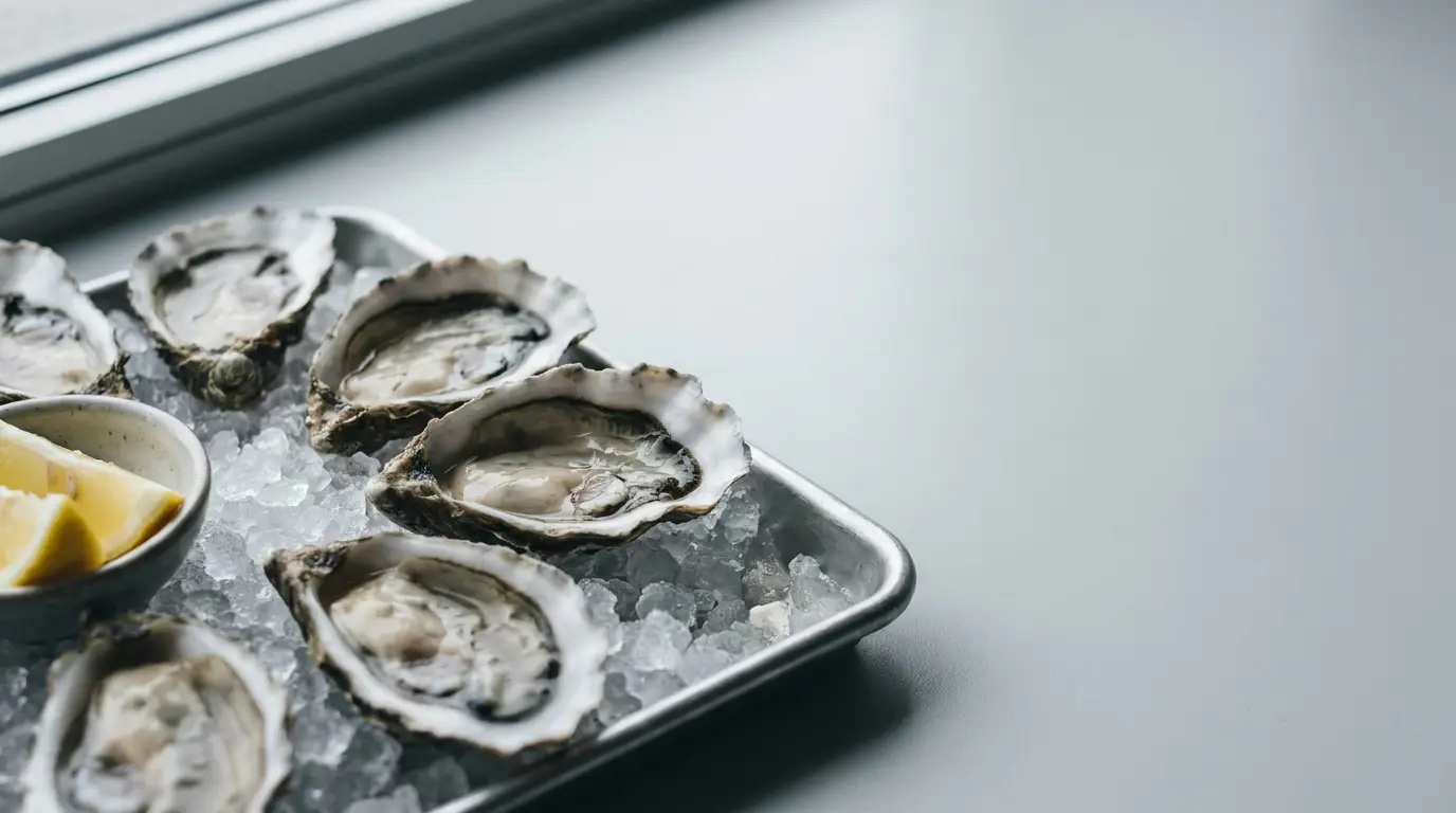 Fresh oysters on ice with lemon wedges on metal tray in bright setting