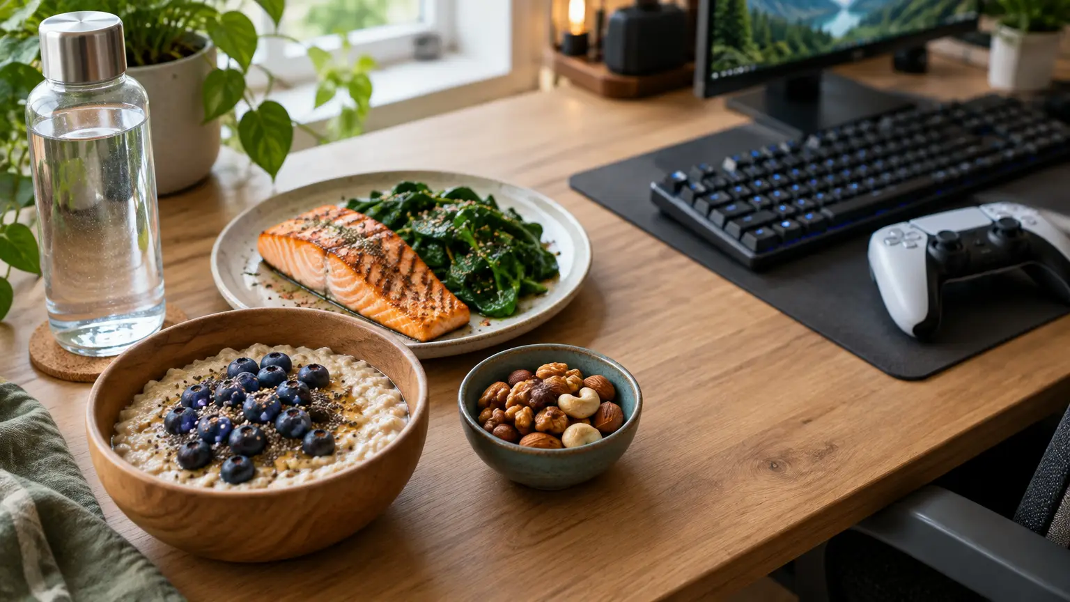 Salmon, spinach, and oatmeal breakfast on wooden desk with keyboard and game controller nearby