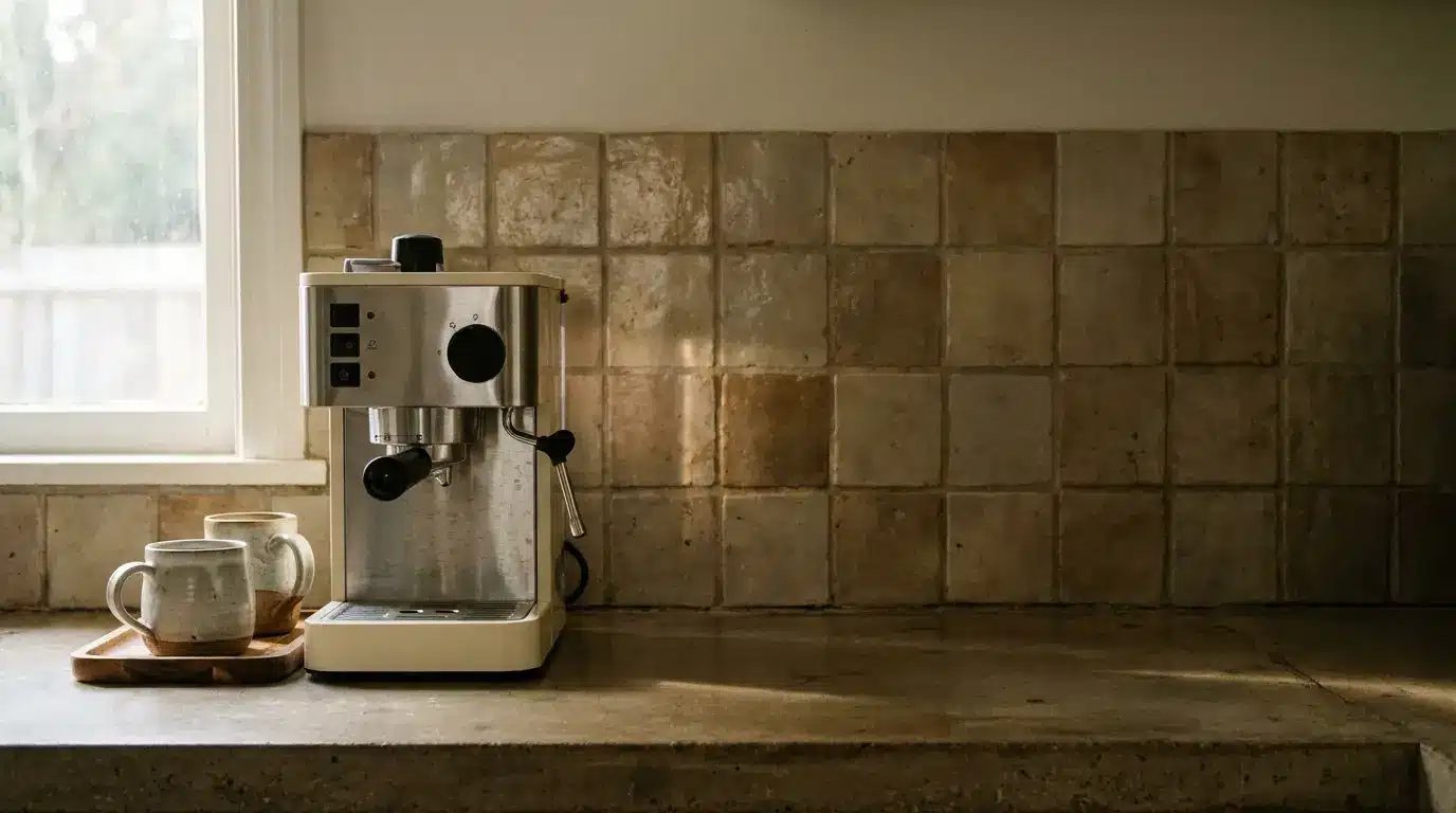 Espresso machine with mugs on stone countertop in rustic kitchen setting