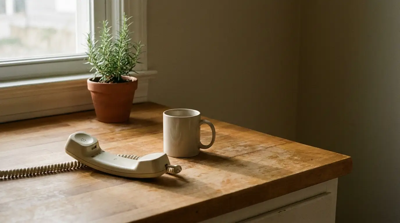 Corded phone handset off its cradle on a wooden kitchen counter beside a ceramic mug in morning light