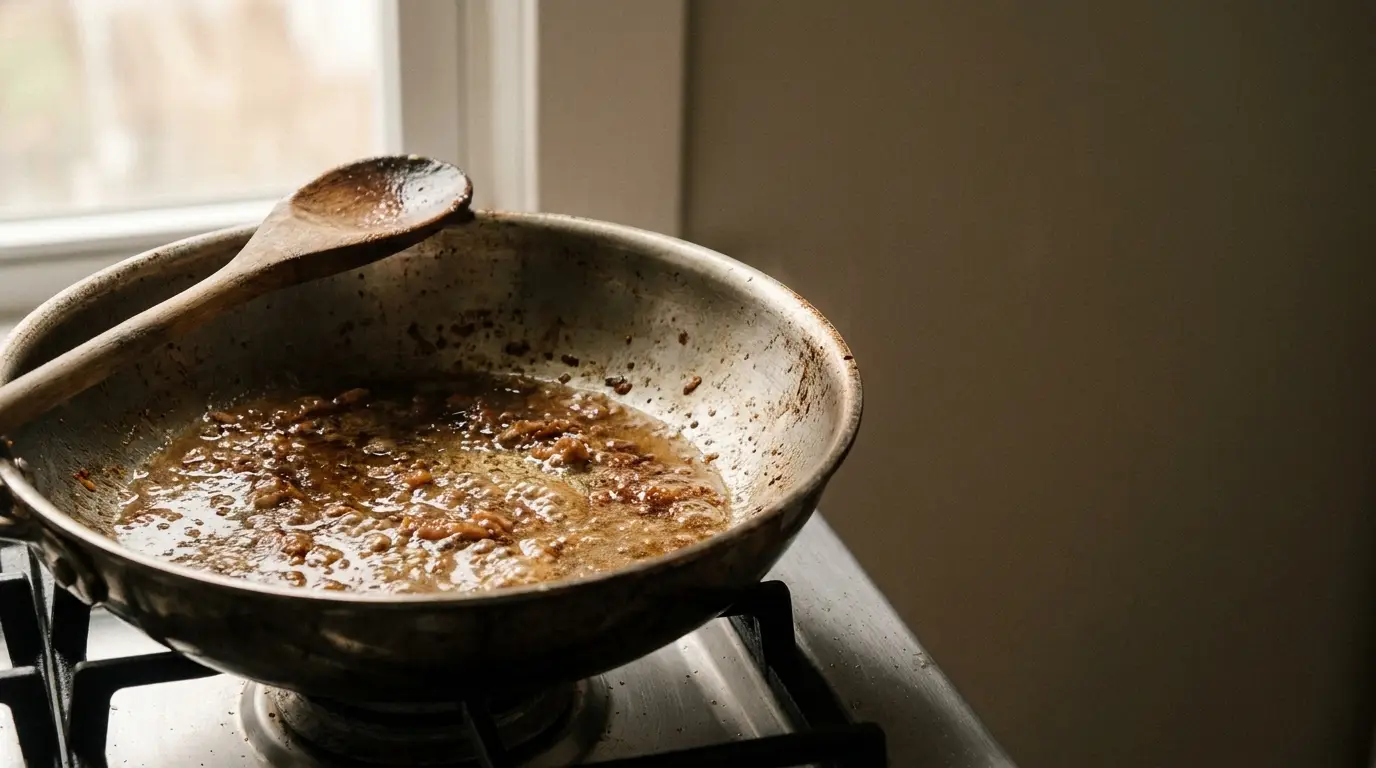 Pan with browned bits and wooden spoon on stovetop under natural light