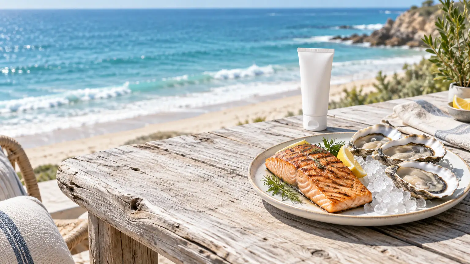 Grilled salmon and oysters with lemon on rustic wooden table by the ocean.