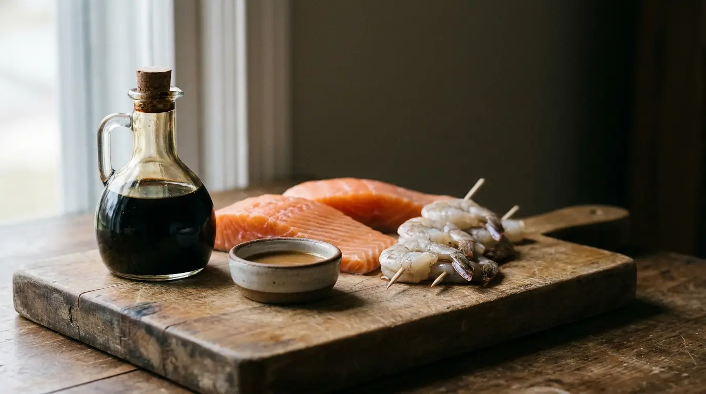 Salmon fillets and shrimp skewers on wooden board with soy sauce bottle in rustic kitchen