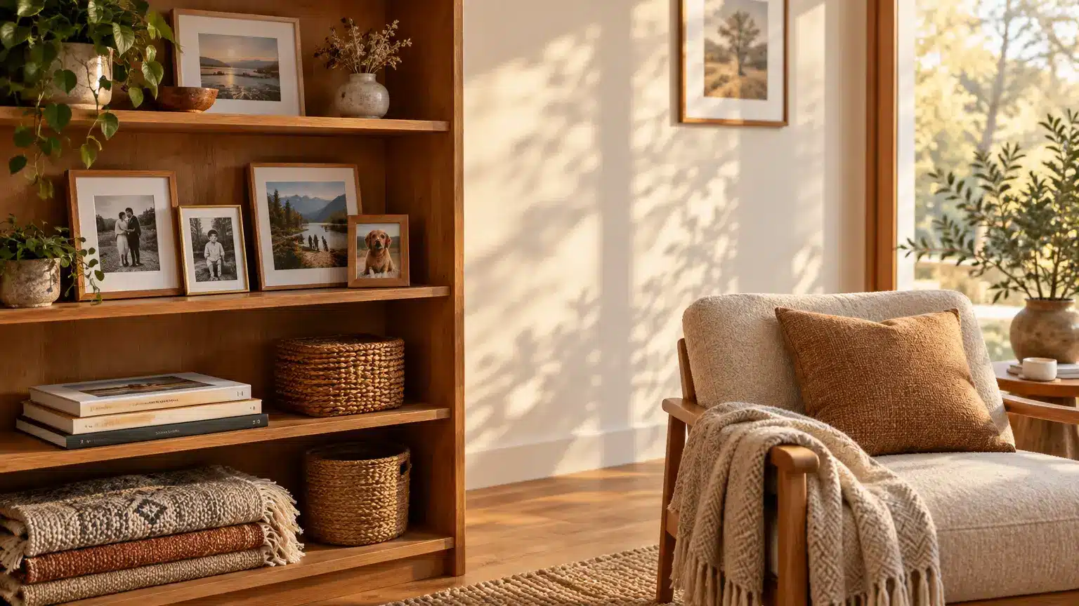 Cozy living room with wooden shelves, framed photos, woven baskets, and an armchair with a throw blanket
