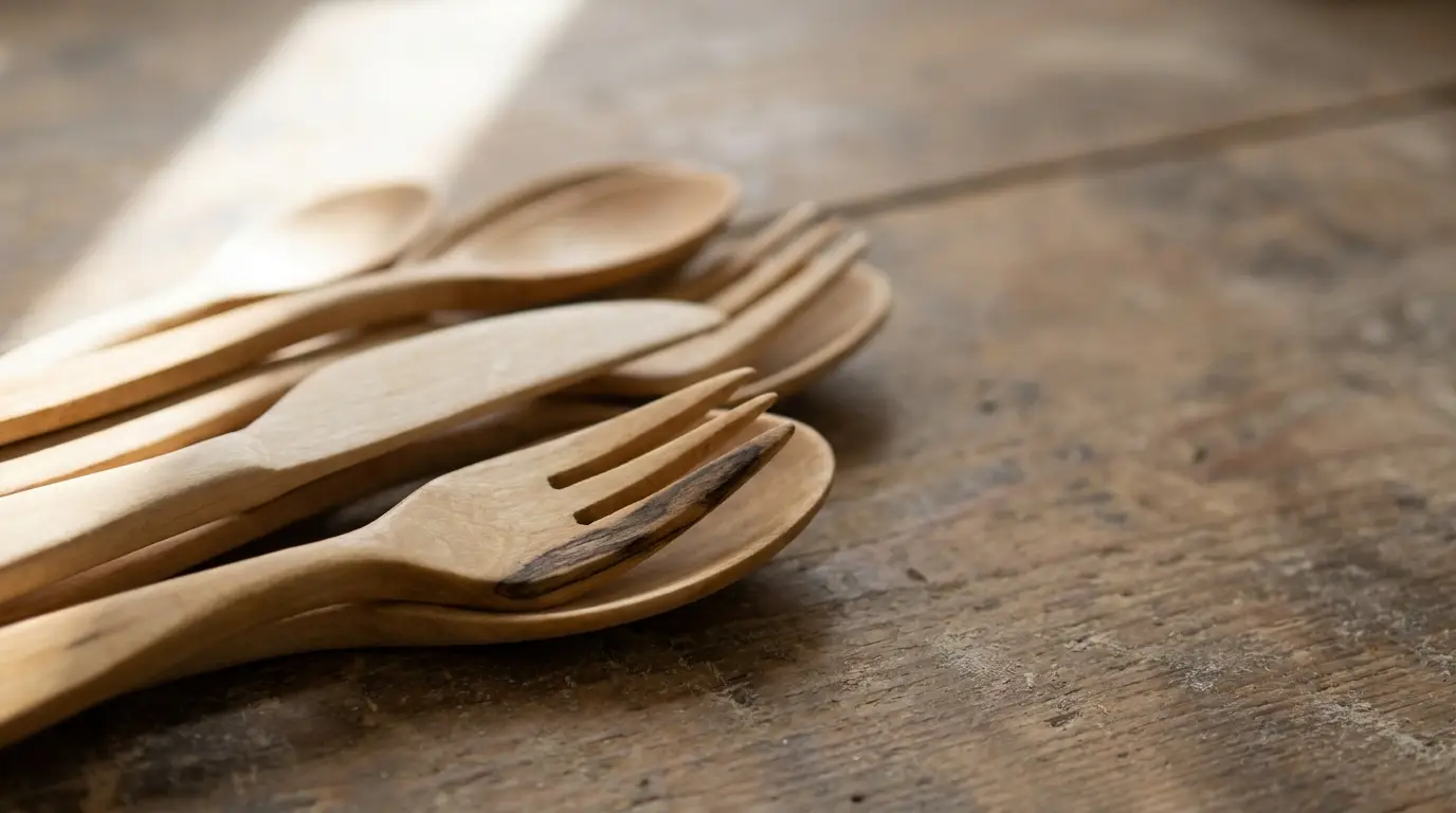 Wooden spoons and forks on rustic wooden table with warm natural lighting